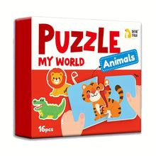Box of 16 colorful animal-themed puzzle pieces featuring a lion, crocodile, and tiger on red background