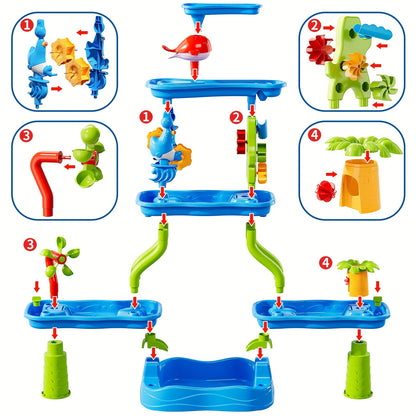 Colorful plastic water track toy with animal shapes and palm tree pieces showing step-by-step assembly instructions