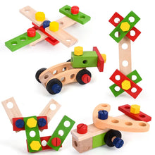 Colorful wooden construction toy parts assembled into various shapes including a car, airplane, and windmill designs