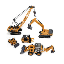Set of yellow and black toy construction vehicles including crane, excavator, forklift, bulldozer, and backhoe loader on white background