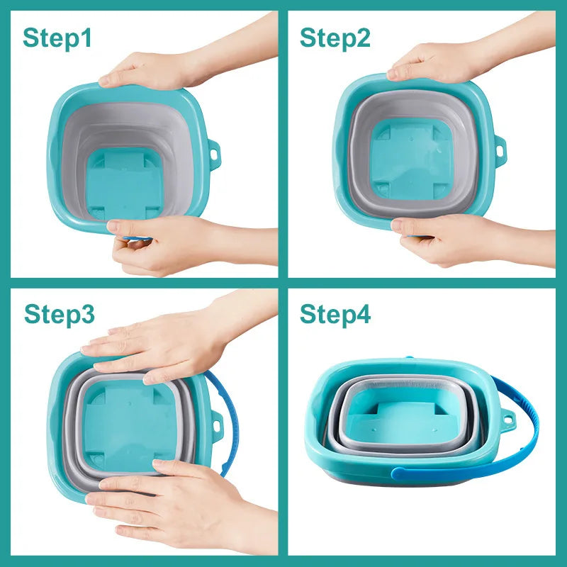 Hands demonstrating how to nest and stack a set of collapsible blue and gray plastic containers step-by-step