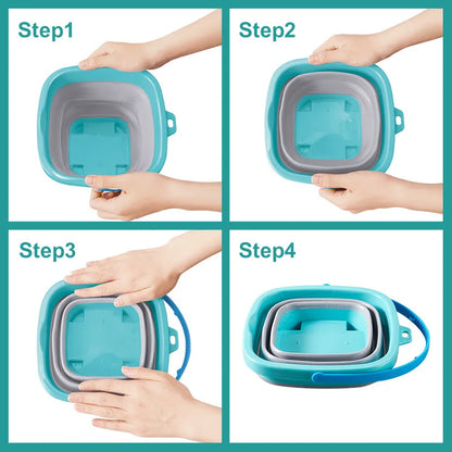 Hands demonstrating how to nest and stack a set of collapsible blue and gray plastic containers step-by-step
