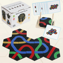 Hexagonal wooden puzzle pieces with colorful interconnecting paths arranged on table with pattern cards and display stand