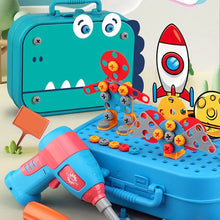 Blue and red toy power drill with orange screws and a dinosaur construction set on blue carrying case with playful face design