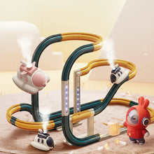 Miniature toy train set with steam-emitting locomotives on elevated yellow and teal tracks and red robot figure nearby