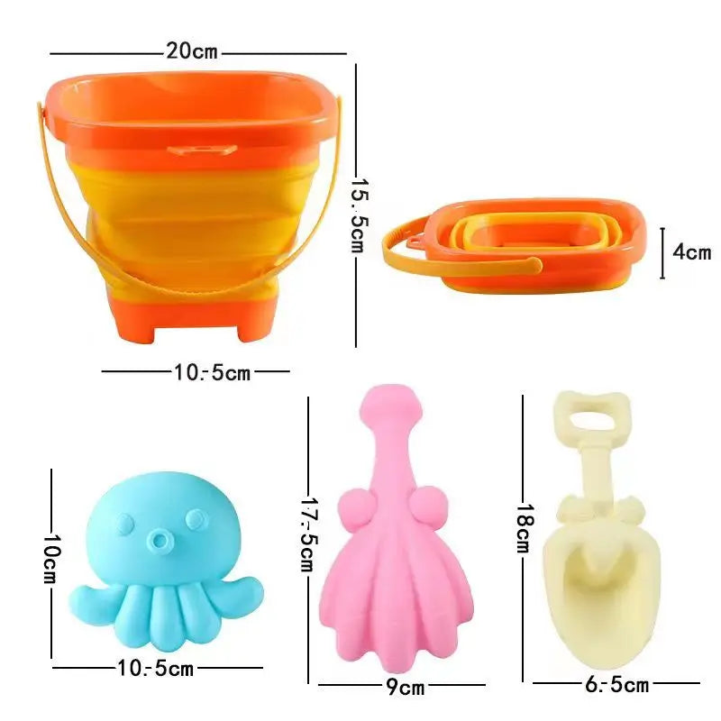 Collapsible orange bucket with handle, pink octopus and seashell molds, and yellow shovel sand toys with measurements