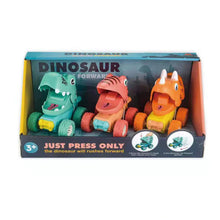 Set of three colorful dinosaur toys on wheels that move forward when pressed, designed for toddlers aged 3 and up