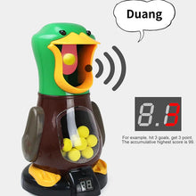 Plastic toy duck with digital score display and yellow balls inside, shown with sound effect "Duang" bubble