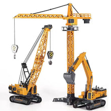Three detailed yellow construction toy vehicles including crane, excavator, and tower crane on white background