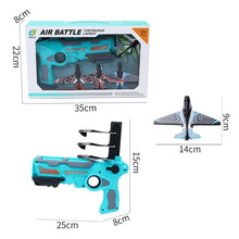 Blue and gray toy launcher gun with three small striped toy planes and packaging box with dimensions shown