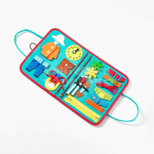 Compact fabric activity board with colorful buttons, zippers, buckles, shoelaces, and clock for fine motor skills practice