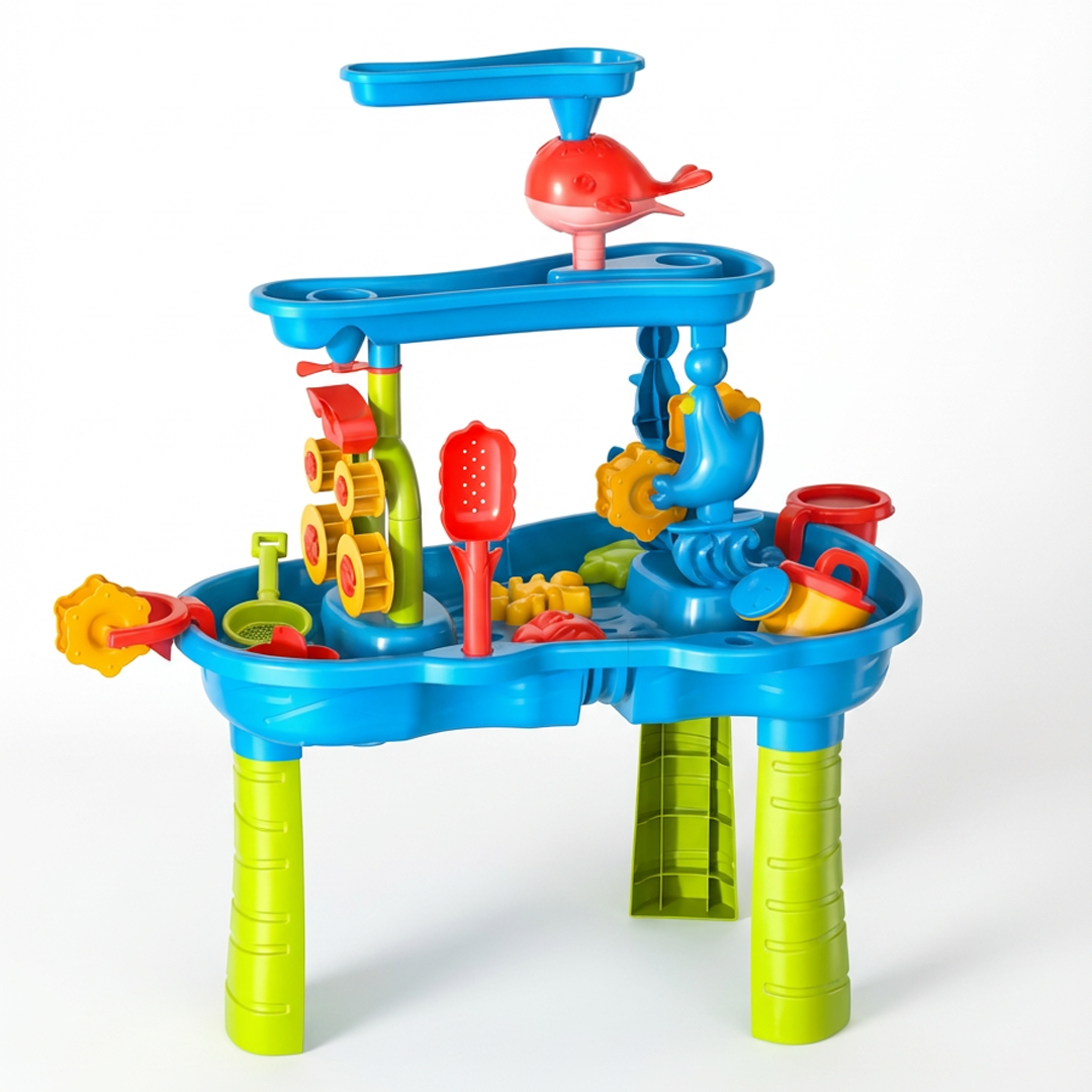 Blue and green activity table with water play features, including rotating gears, a red whale, and various interactive components
